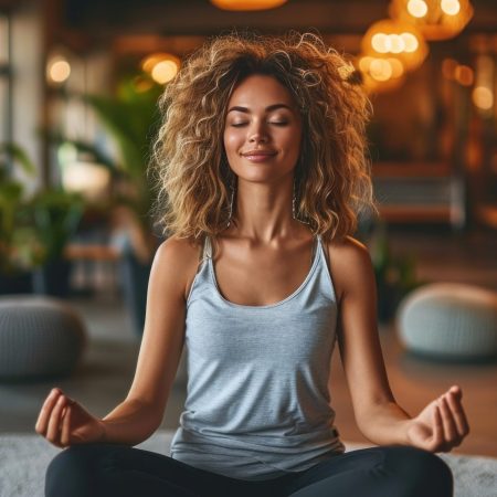 Executive engaged in a wellness routine, balancing work and health with grace.