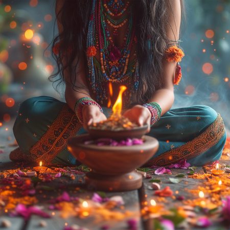 Hands of a spiritual medicine woman burning medicinal herbs in a bowl; sacred ritual fire for purification and healing of soul and body. natural preparation of a shaman healer in a temple